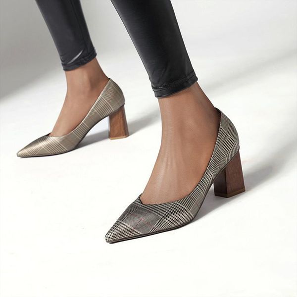 

dress shoes 2021 spring pumps female fashion grid square heel pointed toe heels elegant women chaussures, Black