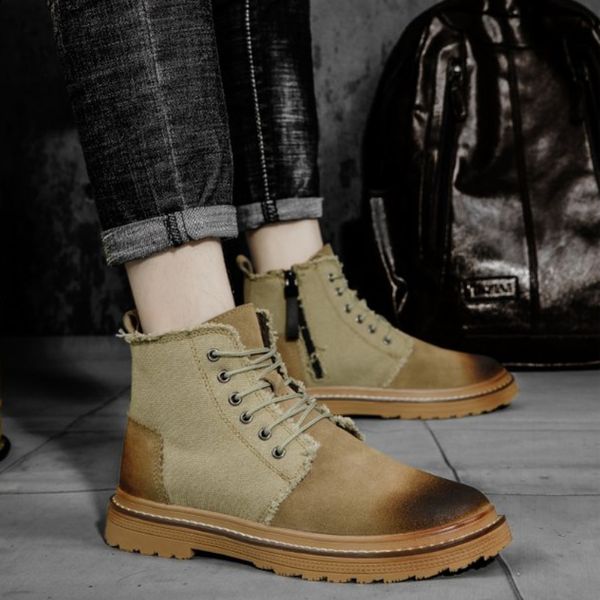 

new martin boots men imitation faux suede sewing personalized zipper fashion retro high casual low heel round head denim dh311, Black