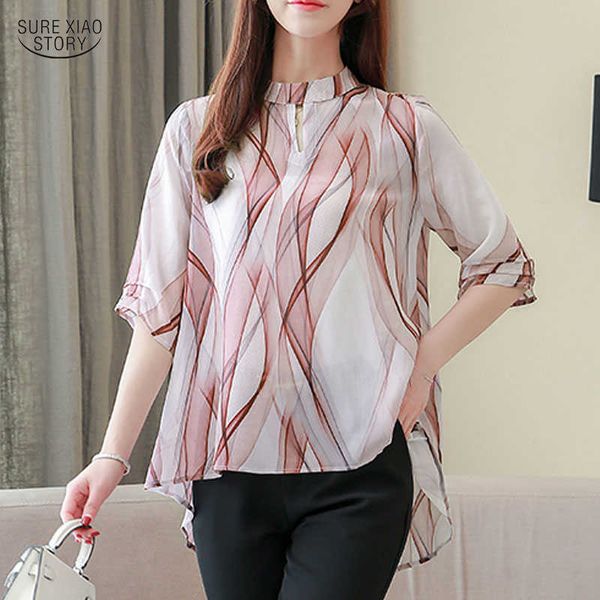 

fashion pluse size printing women chiffon blouse summer blue and red female shirt casual half sleeve women 5073 50 210527, White