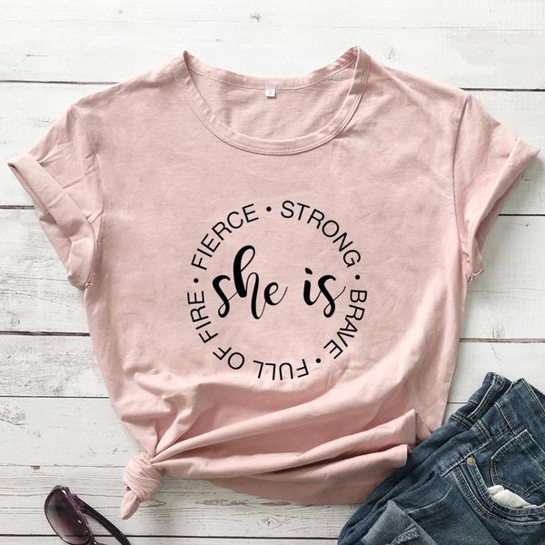 

women's t-shirt she is fierce strong brave casual women short sleeve inspirational quote tee lady religious christian bible tshirt, White