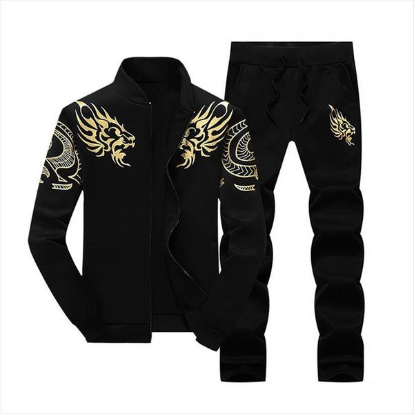 

fashion autumn set two pieces men tracksuits casual print dragon male sweatshirts and pants suit fleece clothing plus size 4x, Gray