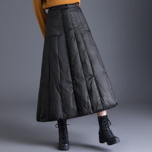 

skirts winter 90% white down padded women high waist ankle-length keep warm a-line pleated skirt pt-443, Black
