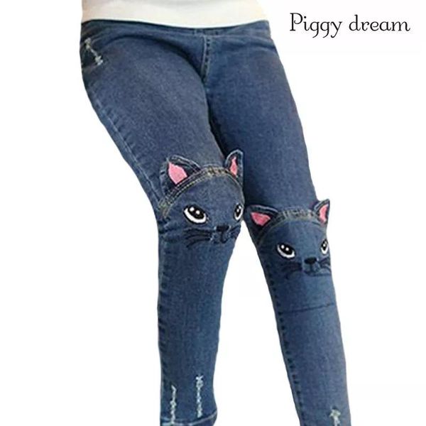 

jeans cartoon cat girls leggings children pencil pants kids trousers pantalon fillette 2-14 ages blue girl kid