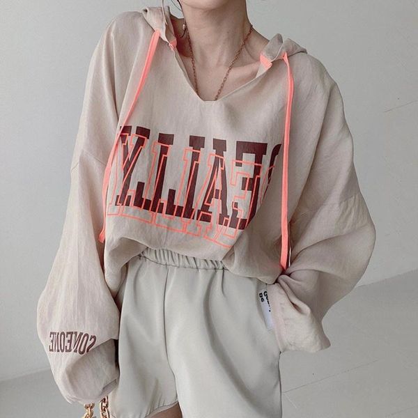 

women's hoodies & sweatshirts korean chic early autumn casual and versatile v-neck letter printed design loose pullover drawstring hood, Black