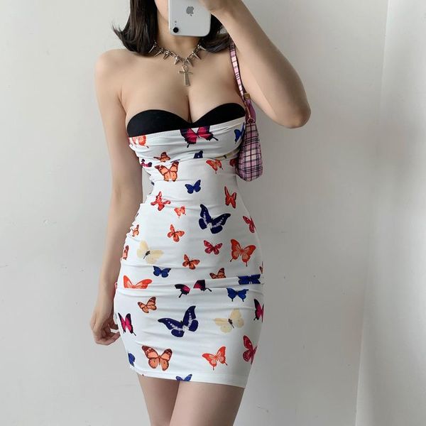 

casual dresses two ways europe to wear strapless slash neck low chest butterfly print buttock bottomless mini dress girl female ctb, Black;gray