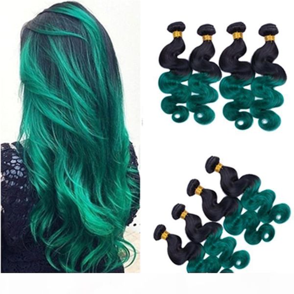 

#1b green ombre peruvian human hair bundles body wave virgin hair weave extensions ombre dark green human hair bundles double wefts 4pcs, Black;brown
