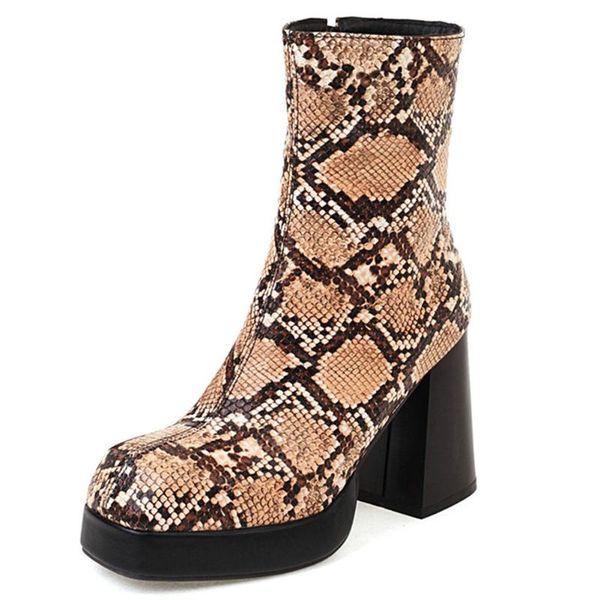 

boots gigifox brand fashion snake veins zipper chunky high heels platform elegant modern ladies woman shoes ankle plus size 48, Black