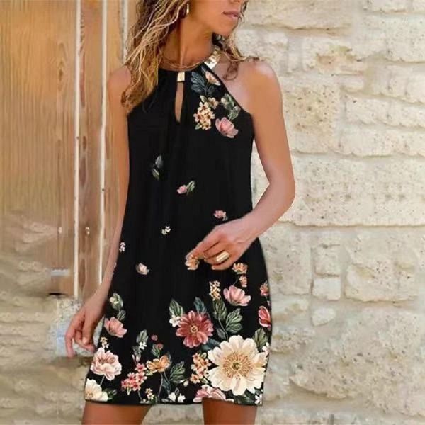 

plus size women floral print boho mini dress summer off the shoulder halter neck black dresses trendy sundress lady 5xl casual, Black;gray