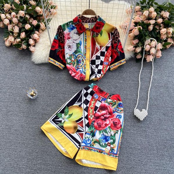 

women's tracksuits european station summer print suit short-sleeved shirt all-match high-waist wide-leg shorts kk119, Gray