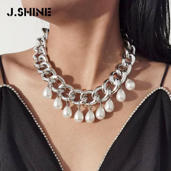 

pendant necklaces jshine hyperbole cuban chain necklace hip hop big chunky simulated pearl tassel aluminum choker women fashion jewelry, Silver