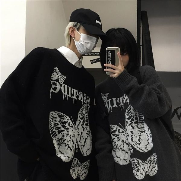 

korean clothes round neck pullover harajuku sweater men high street butterfly letter jacquard retro loose couple clothing 210813, White;black