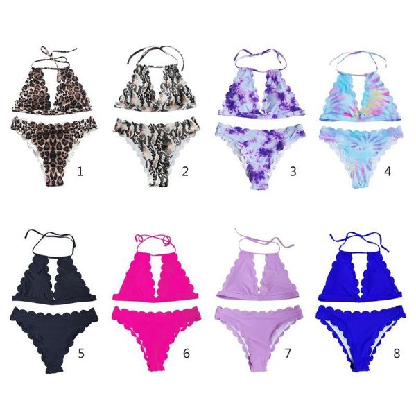 

women bikini set leoprd tie-dye swimsuit halter hollow scalloped beachwear