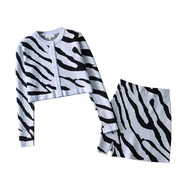 

2021 autumn retro contrast color zebra cardigan korea single-breasted button knitted sweater package hips mini skirt 1 set, White;black