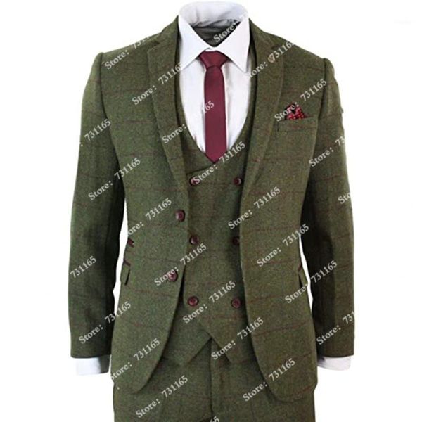 

tuxedos green plaid checked tweed wool men suits for wedding groom wear business formal prom party 3pcs blazers custom made 2021 men's, White;black