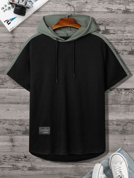 

men color block drawstring hooded tee r6em#, White;black