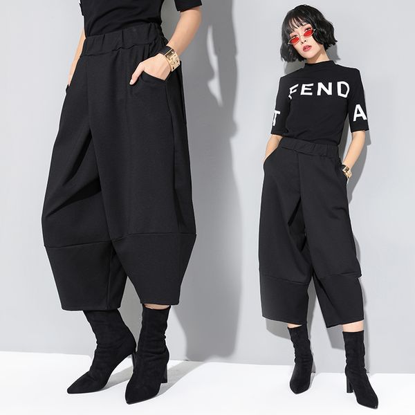 

2021 new black wide leg mid-calf elastic waist casual trousers women thick autumn winter loose pants oqcy, Black;white