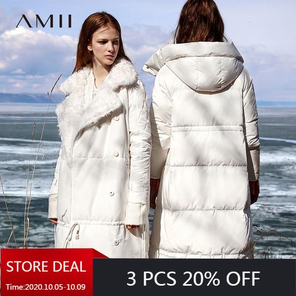 

amii minimalist white duck down jacket winter women lapel solid female thick down long coat 11980077 201007, Black
