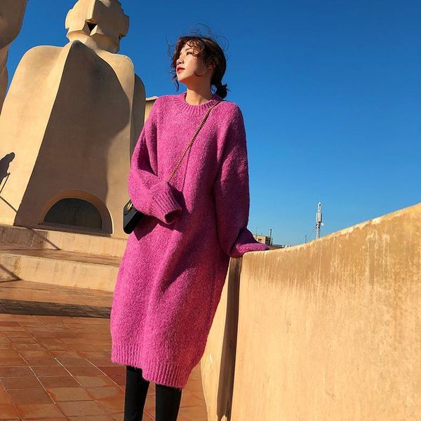 

casual dresses knitting sweater dress autumn winter long sleeve o neck pullover korean fashion loose warm vestidos, Black;gray