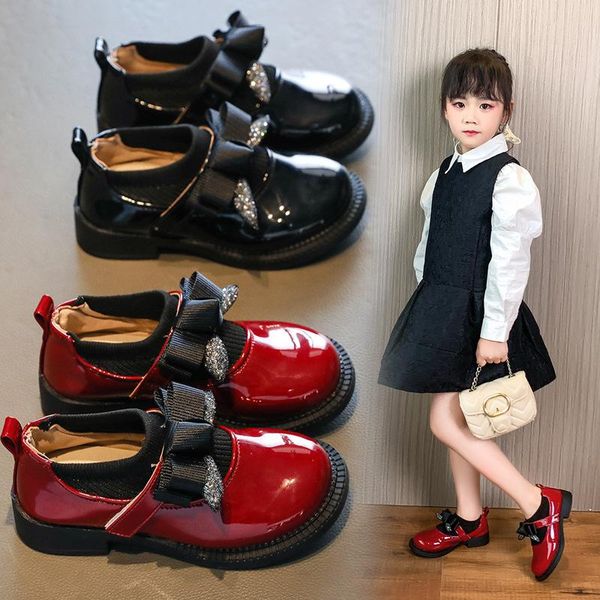 

flat shoes fashion girls princess 2021autumn red black kids leather for wedding party students performance dress, Black;grey