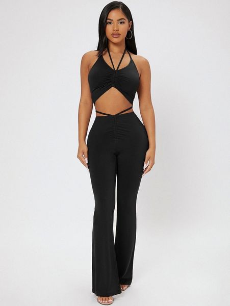 

petite tie back halter & flare leg pants t48i#, White