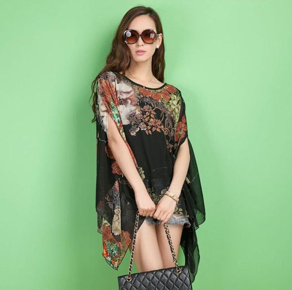

elegant women beach blouse lady chiffon floral print cape kaftan poncho shirts, White