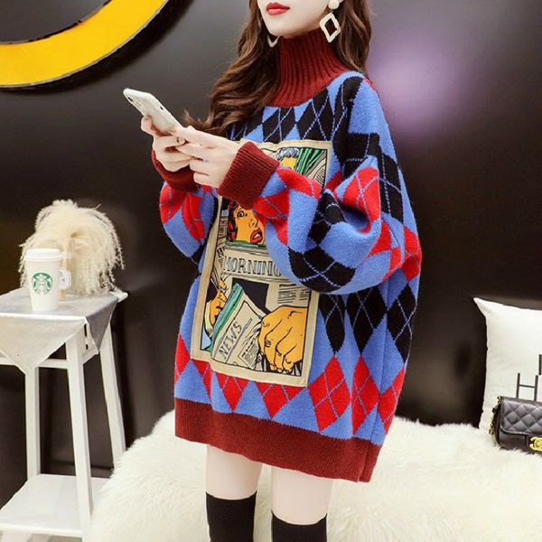 

2021 autumn and winter new retro forest thick outer nightgown feminine korean version wind bf loose turtleneck high lazy sweater9uyx, White;black