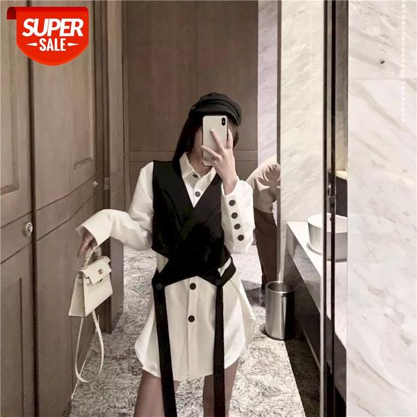

two piece set shirt and short vest long sleeve shirt women blouse 2020 korean fashion clothing plus size autumn club outfits #8a9s, Black;white