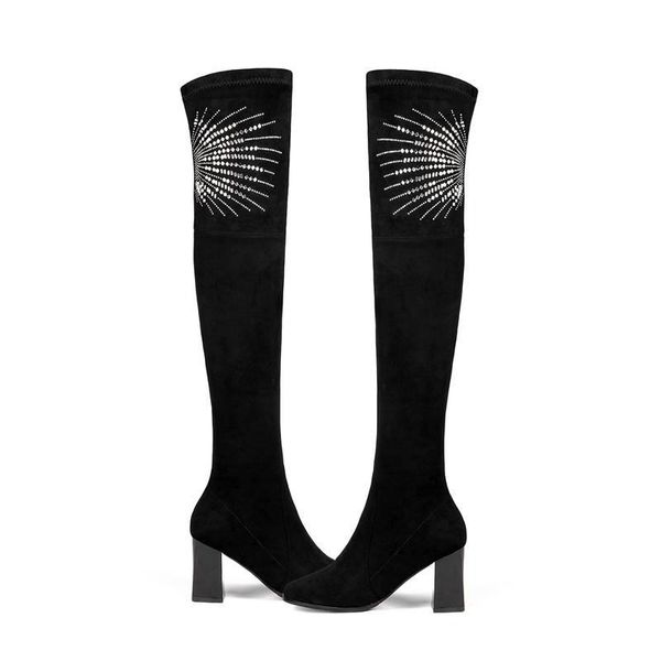 

boots qplyxco2021 est suede leather female shoes pointed toe crystal autumn thigh high slip on square heels, Black