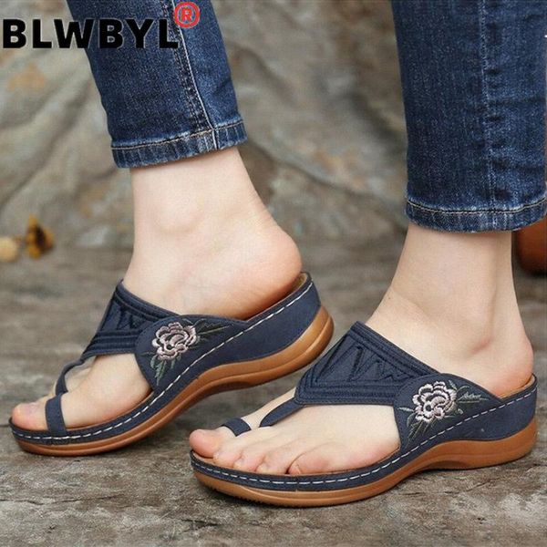 

sandals women 2021 embroidery summer shoes woman wedges for heels sandalias mujer flip flops platform slippers, Black