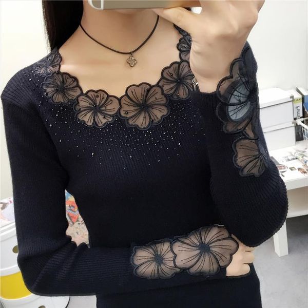 

pullover womens loose long sleeve sweaters embroidered crew neck knitted lace hollow bottoming shirt knitwear, White;black