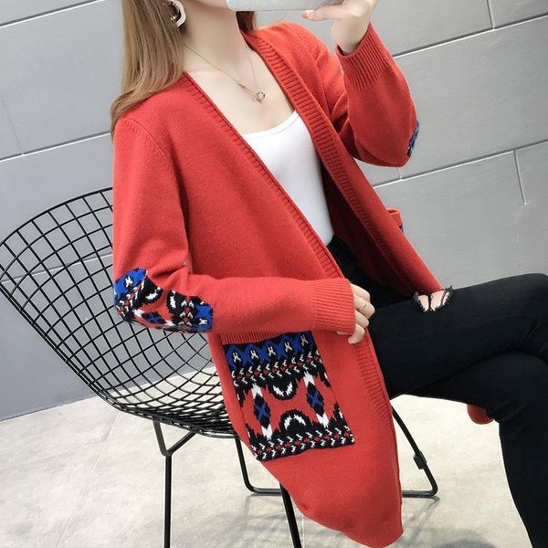 

women's knits & tees mid-length spring knitted sweater cardigan women autumn plus size print loose v neck long sleeve sweaters jacket f, White
