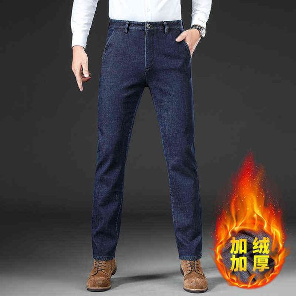 

quality winter plush men's jeans 2021 high waist thickened warm pants for gentlemen, Blue