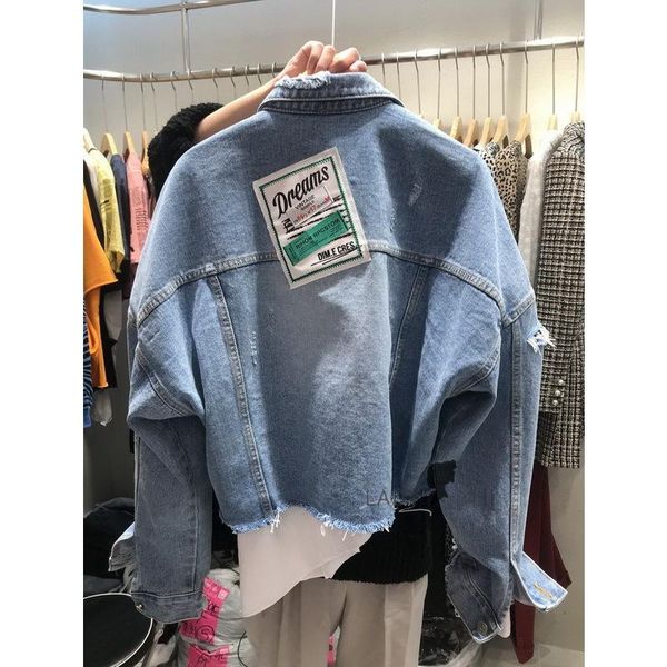 

women's jackets autumn and winter jacket letter collage make old ripped loose short denim women, Black;brown