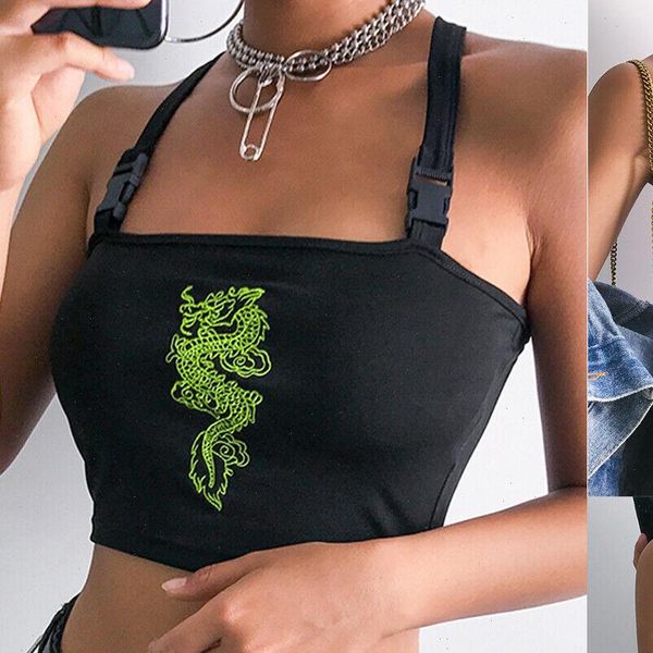 

fashion women summer buckle vest boob tube crop bralet sheer dragon embroidery stylish cami tank top, White