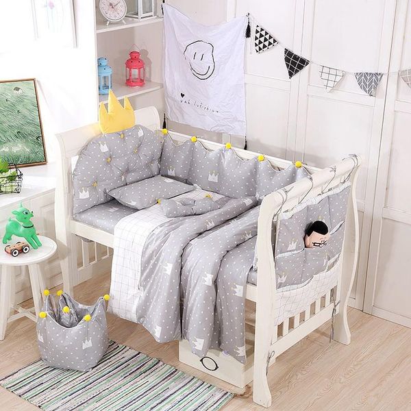 

nordic 5pcs crib bumpers in bed cotton printted wavy protector for cradle baby room crown cushions bedroom decoration
