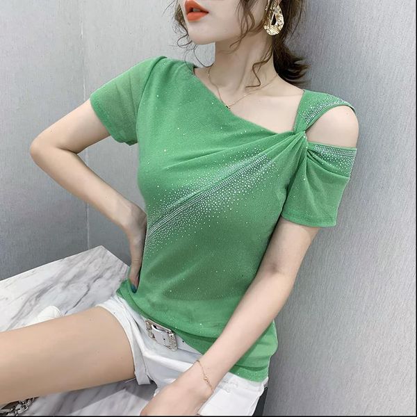 

summer european clothes t shirt shiny irregularity off shoulder mesh diamonds women ropa mujer tees 2021 new t05503, White