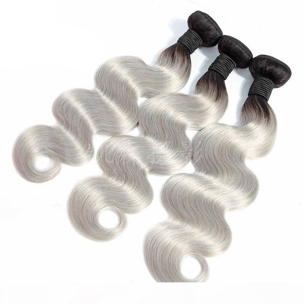 

peruvian human hair weave bundles 3 pieces one set 1b grey double color body wave hair extensions virgin human hair 12-24inch, Black