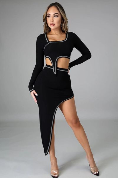 

knitting ribbed black skirt sets women winter long sleeve patchwork tank and high waist clothes two piece outfit, White