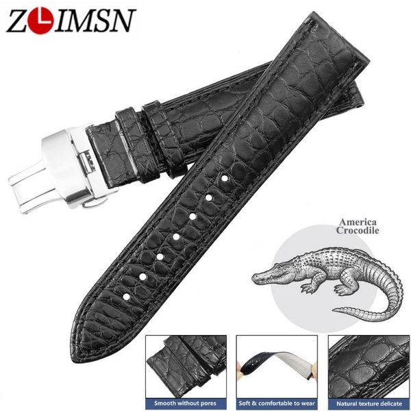 

watch bands zlimsn real alligator strap genuine leather band deployment buckle for universal 12-24mm, Black;brown