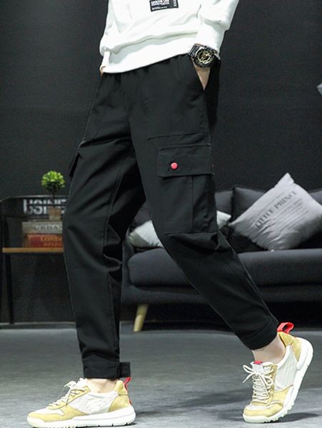 

men flap pocket side drawstring waist cargoÂ pants o68u#, Black