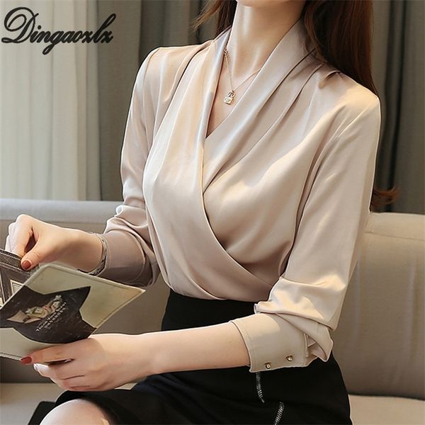 

dingaozlz korean fashion clothing long-sleeved shirt v-neck chiffon blouse solid color women blusa feminina 210302, White