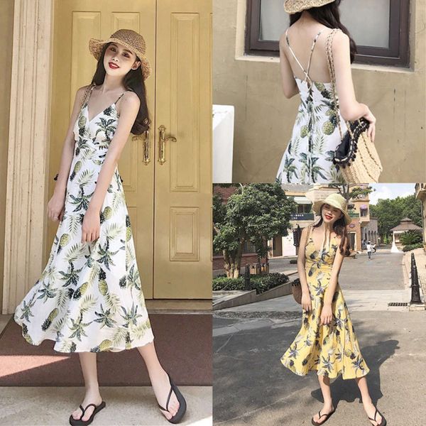 

summer new pineapple slim print cross halter dress, Black;gray