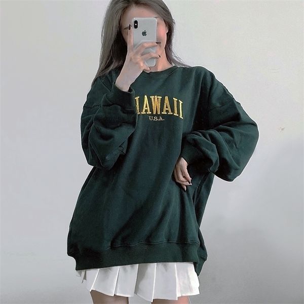 

women embroidery letters front oversized sweatshirt in dark green 201127, Black