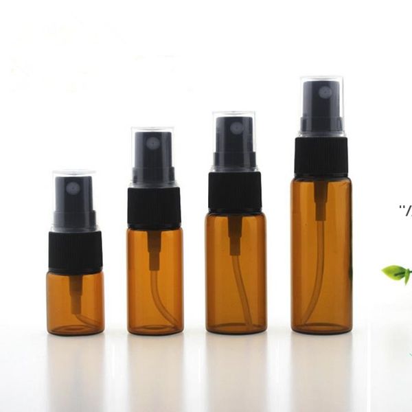 NEW5ml 10ml 15ml 20ml Botella de spray de vidrio ámbar con pulverizadores de niebla fina negra para perfume de aromaterapia de aceite esencial RRA8027