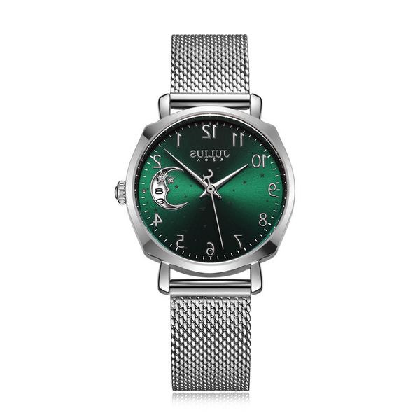 

auto date moon star julius lady women's watch japan mov't fashion hours stainless steel bracelet business clock girl's gift b, Slivery;brown