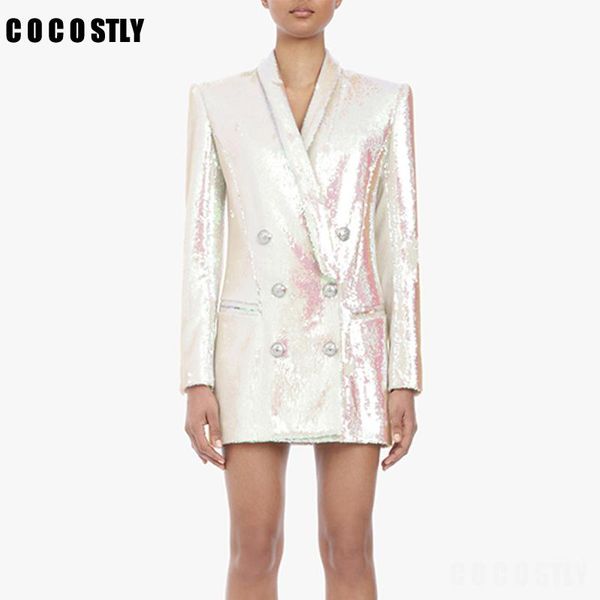 

women's suits & blazers runway designer blazer jacket suit double breasted lion buttons shawl collar glitter sequined office femme, White;black