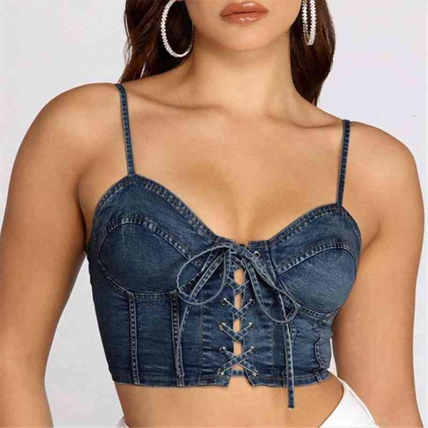 

denim crop women backless summer streetwear female clothes spaghetti strap camisole lace up aesthetic jeans tank, White