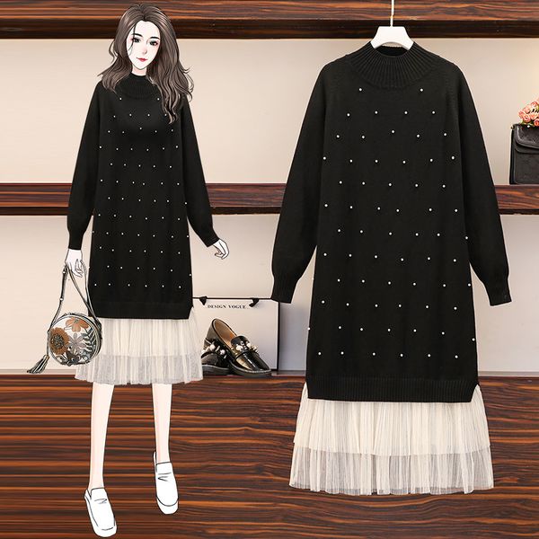 

2021 new autumn winter knit pullover sweater elegant o neck long sleeve beaded mesh patchwork women oversize knitted uxx3, Black;gray