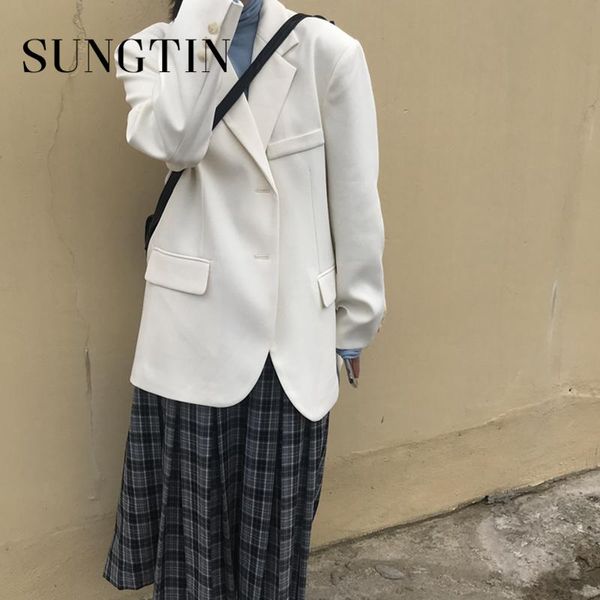 

women's suits & blazers sungtin vintage office lady blazer women korean loose elegant coats solid casual jacket suit chic 2021 single b, White;black