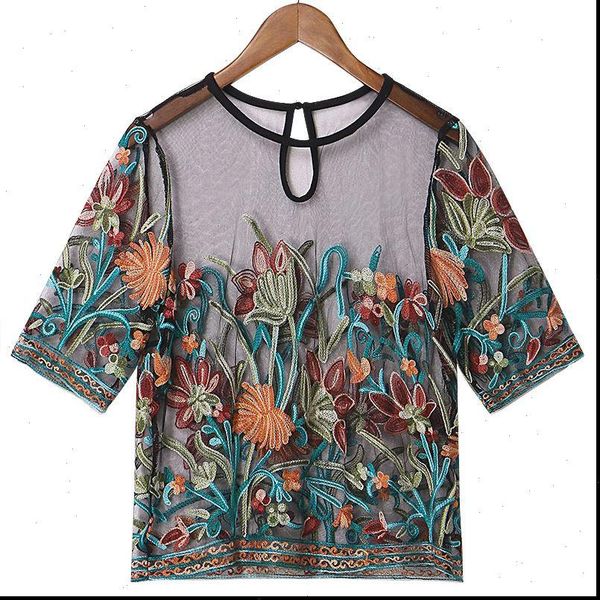

summer women blouse fashion casual short sleeve mesh embroidery shirt ladies loose see through camisas mujer pt, White